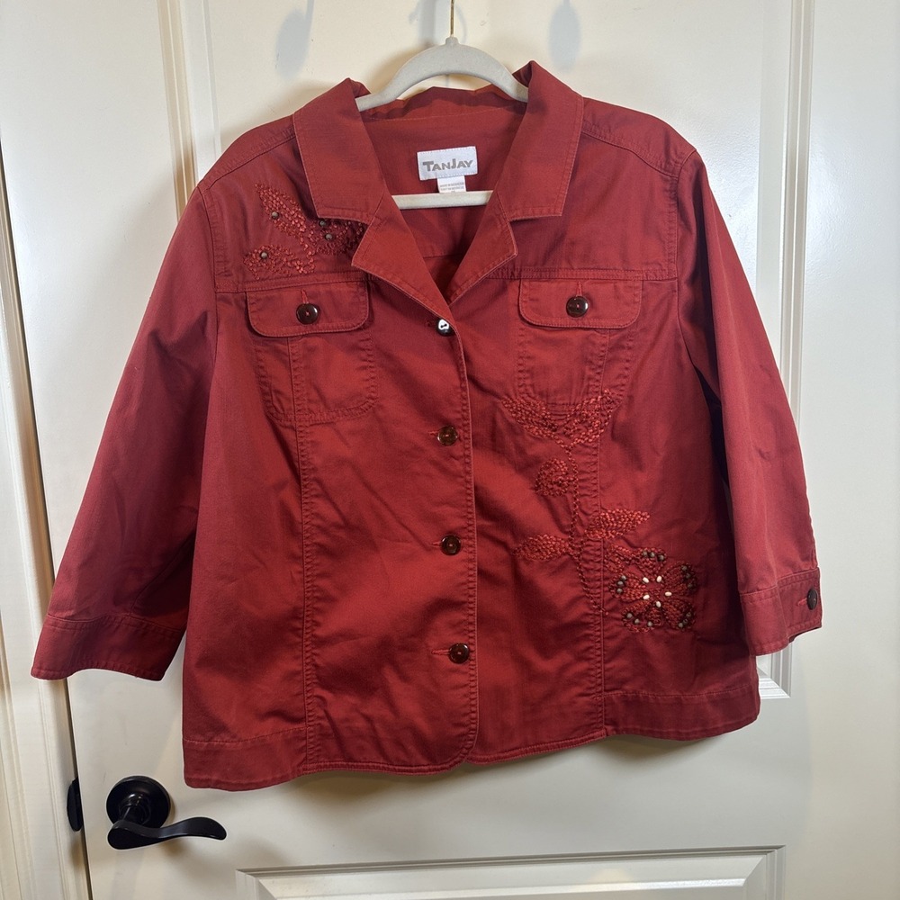 Tanjay Rust Color Size 18 Denim Jacket Button Up‎ Embroidered/Beaded